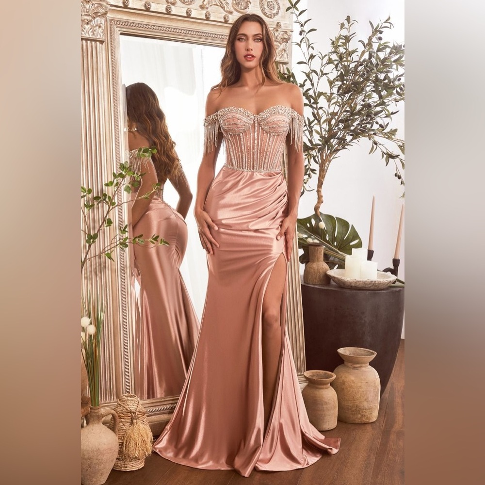 EMBELLISHED OFF THE SHOULDER SATIN GOWN